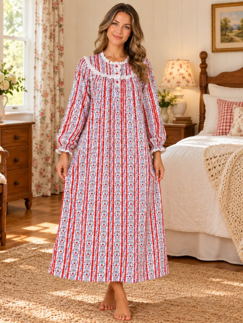 Lanz of Salzburg Nightgown M Cotton Flannel Heart Floral Prairie Cottagecore